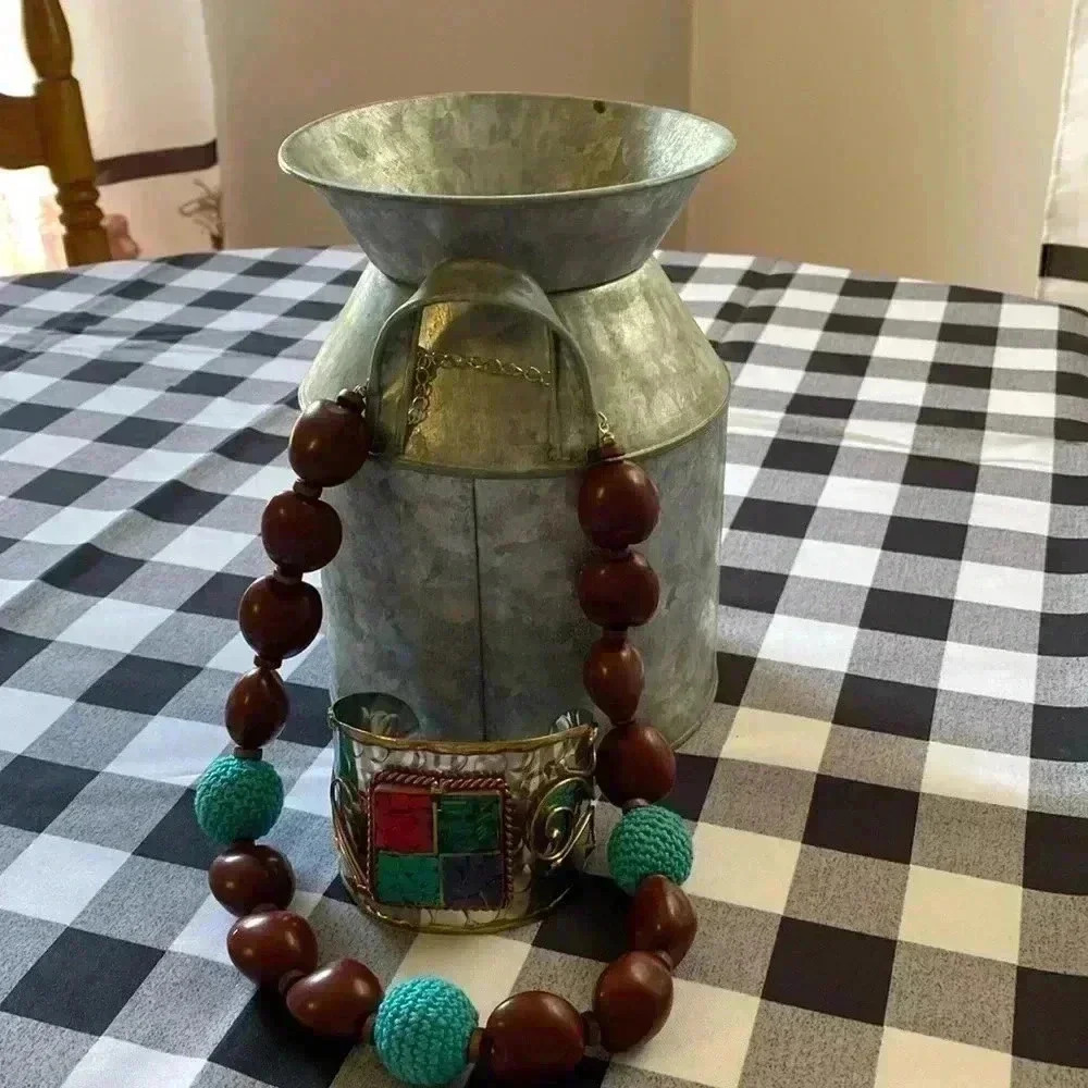 Mosaic Cuff Bracelet 7 1/8 " Around & Wooden Beaded Necklace 20 inches Long